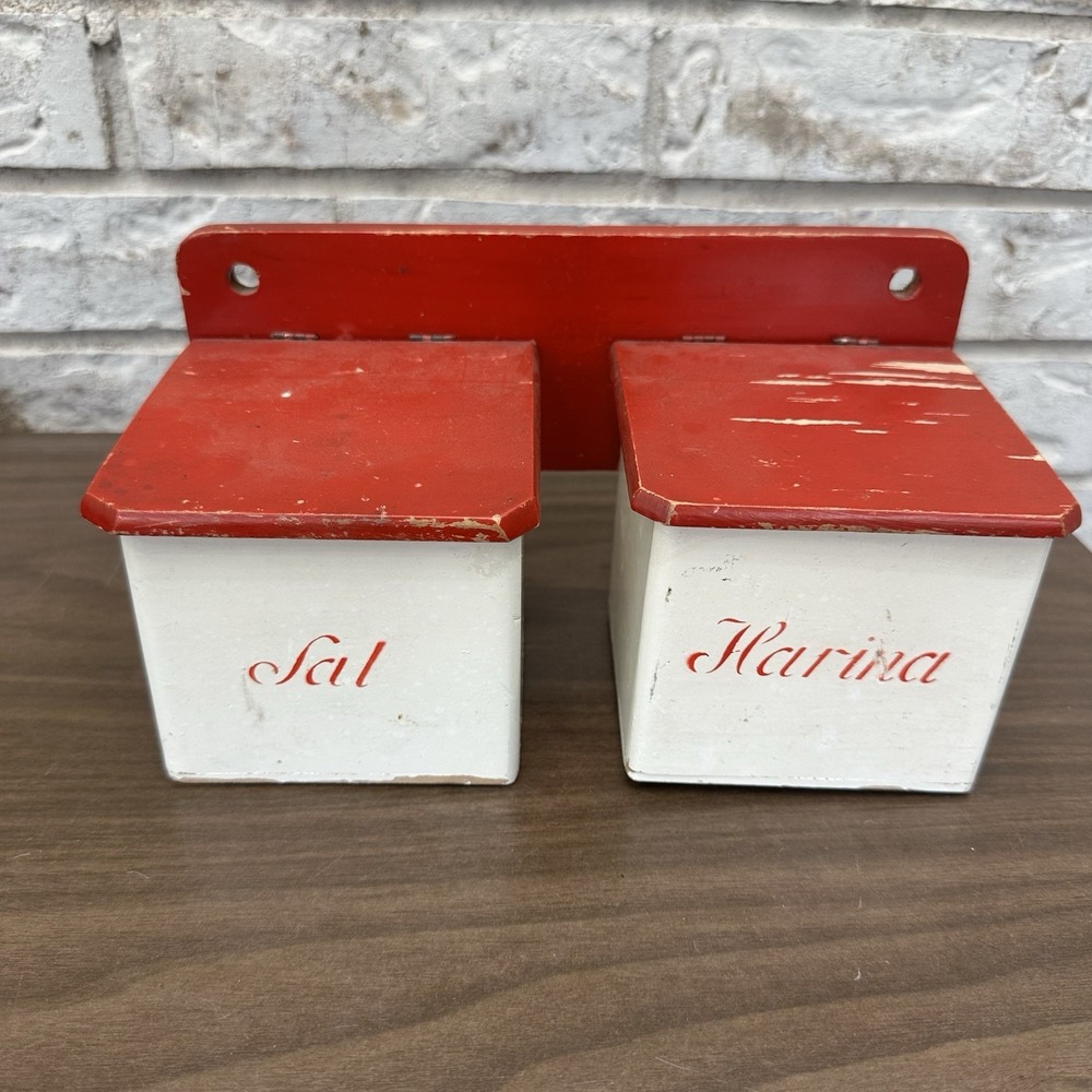 Vintage‎ red & white wall-mounted Wooden kitchen sal & harina containers Holder